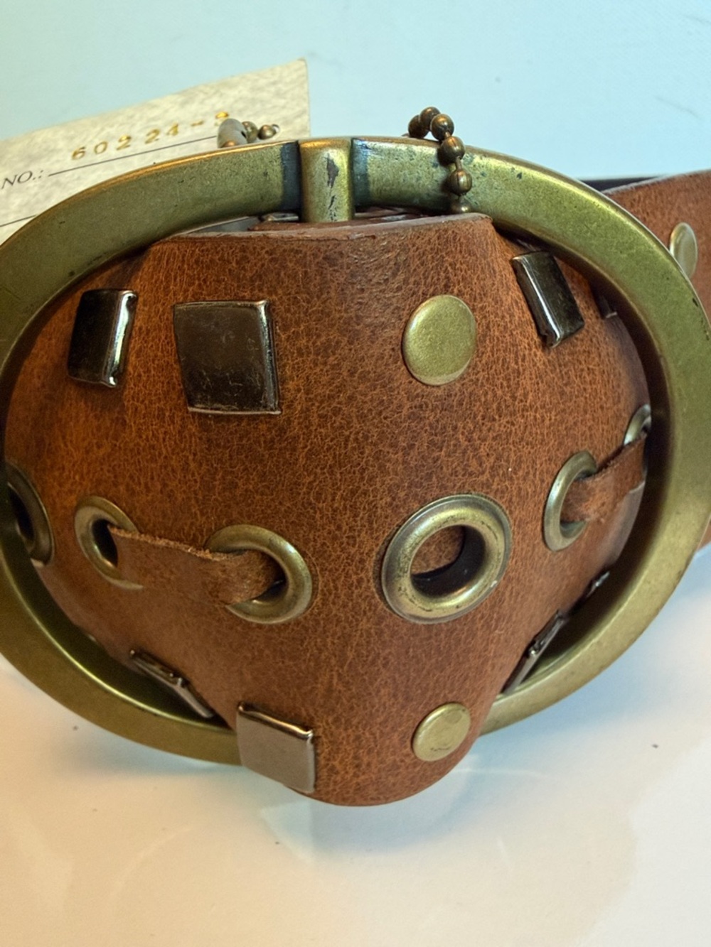 Olga Santini Brown Leather Studded Belt with Brass Ring Buckle - Picture 4 of 9